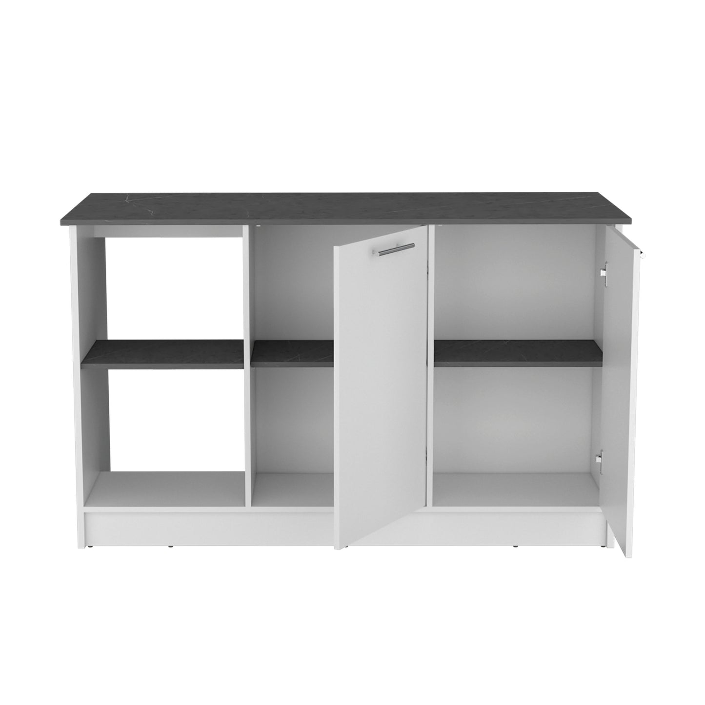White and dark grey entryway cabinet with open doors and shelves