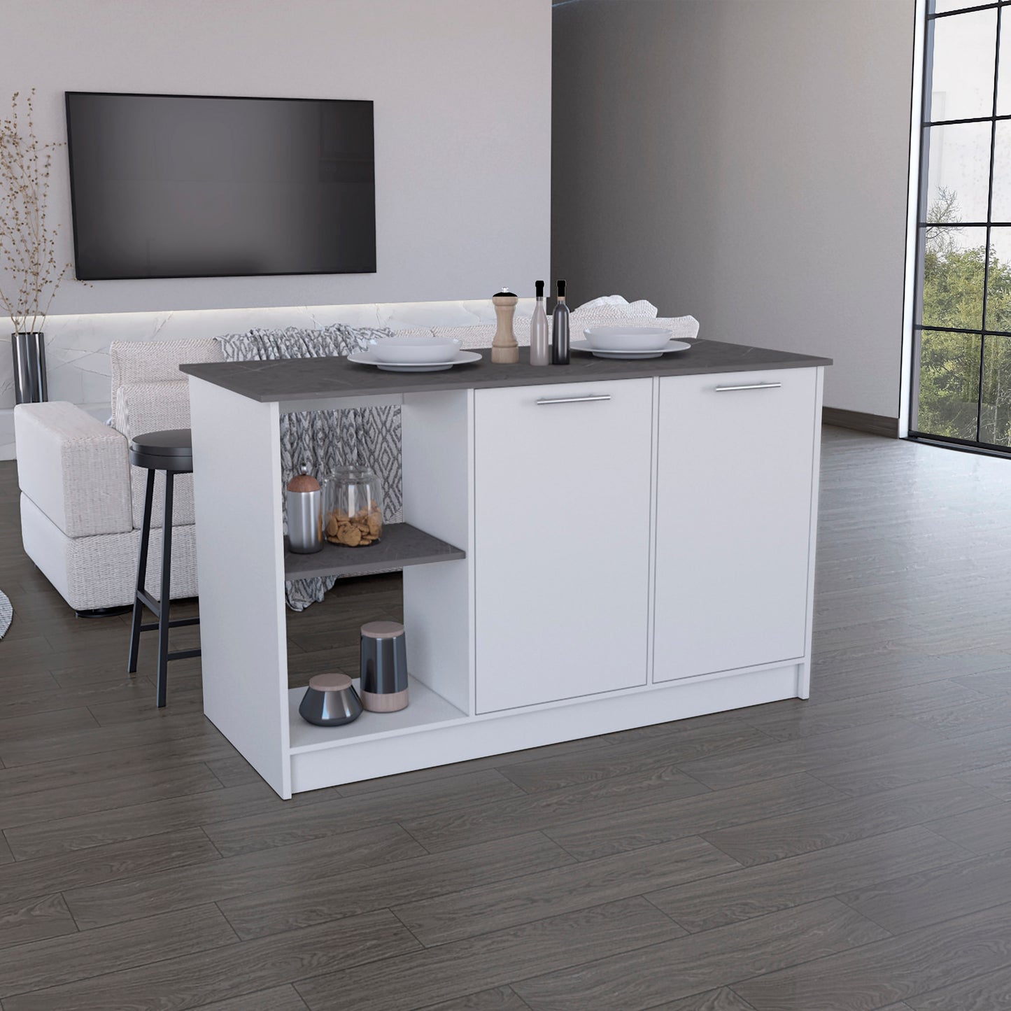 White and grey kitchen island with storage and dark countertop