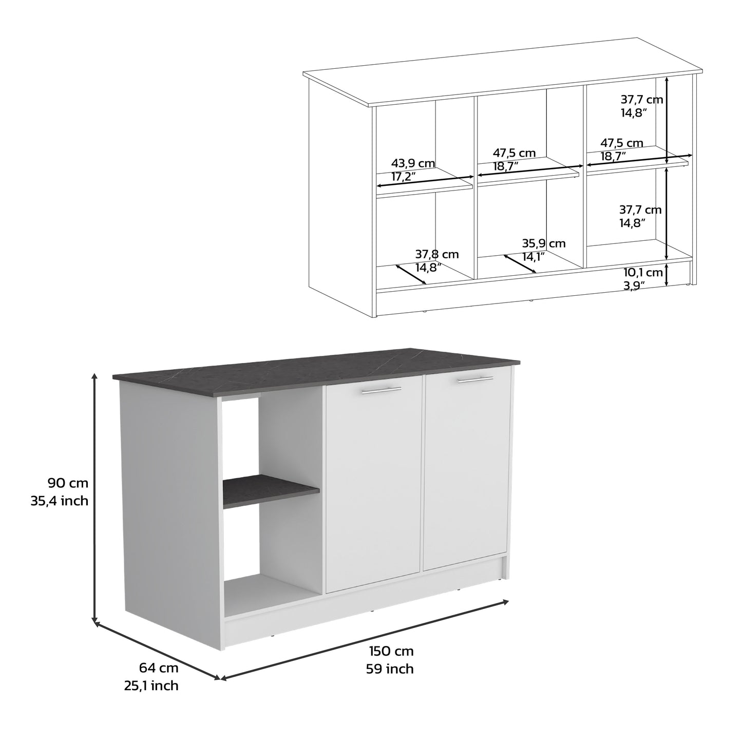 White kitchen island with dark countertop and open shelving