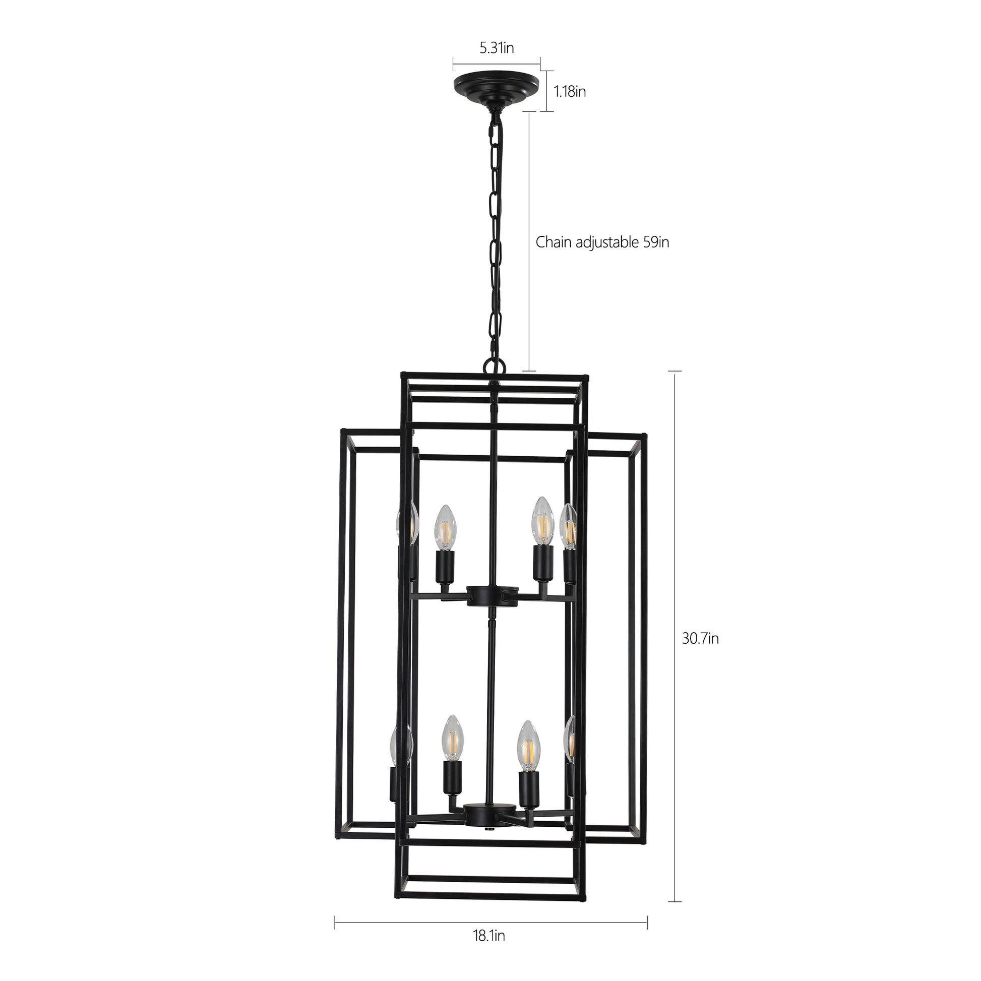 Black rectangular metal chandelier with cage design and  faux candle bulbs modern farmhouse style