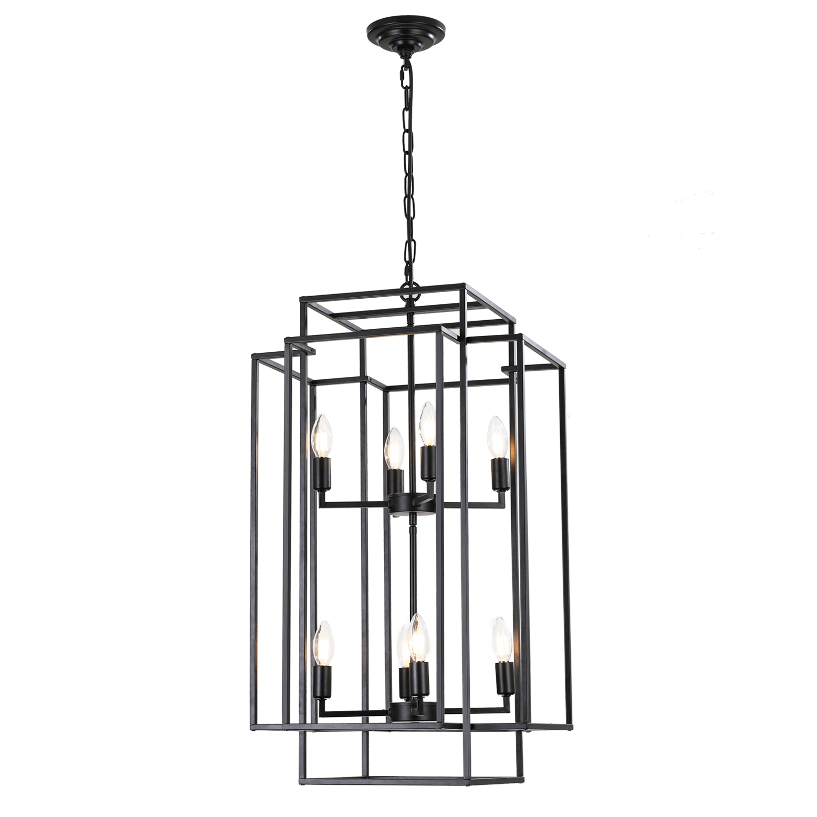 Geometric black metal foyer chandelier with  Edisonstyle bulbs