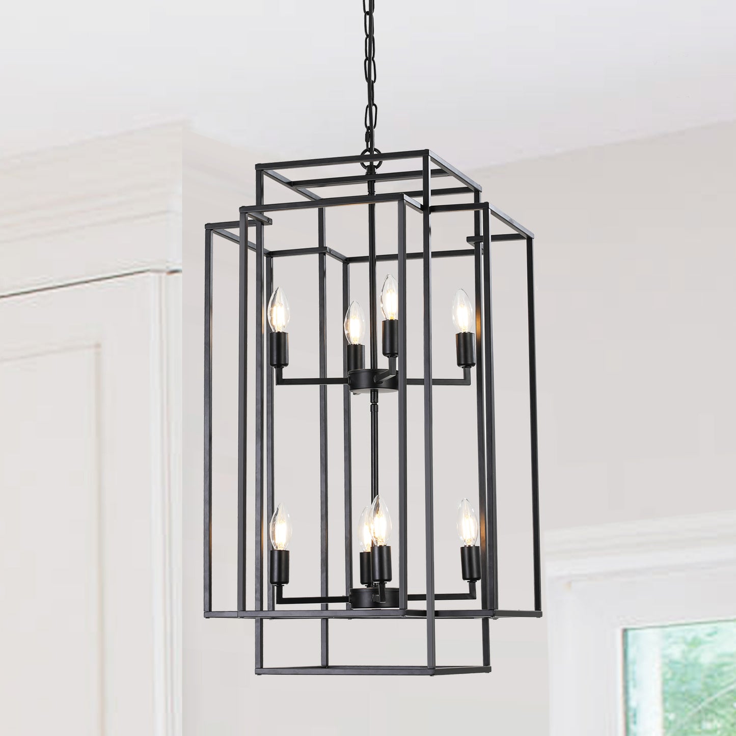 Modern black geometric cage chandelier with six Edison bulbs