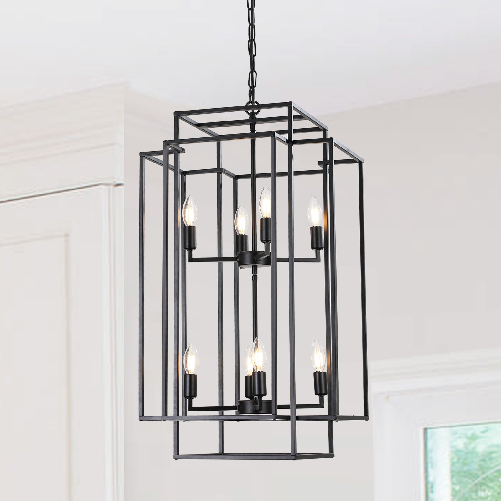 Modern black geometric cage chandelier with six Edison bulbs
