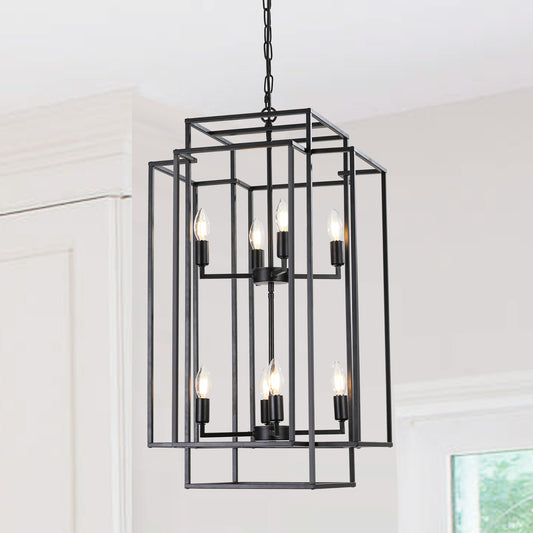 Modern black geometric cage chandelier with six Edison bulbs