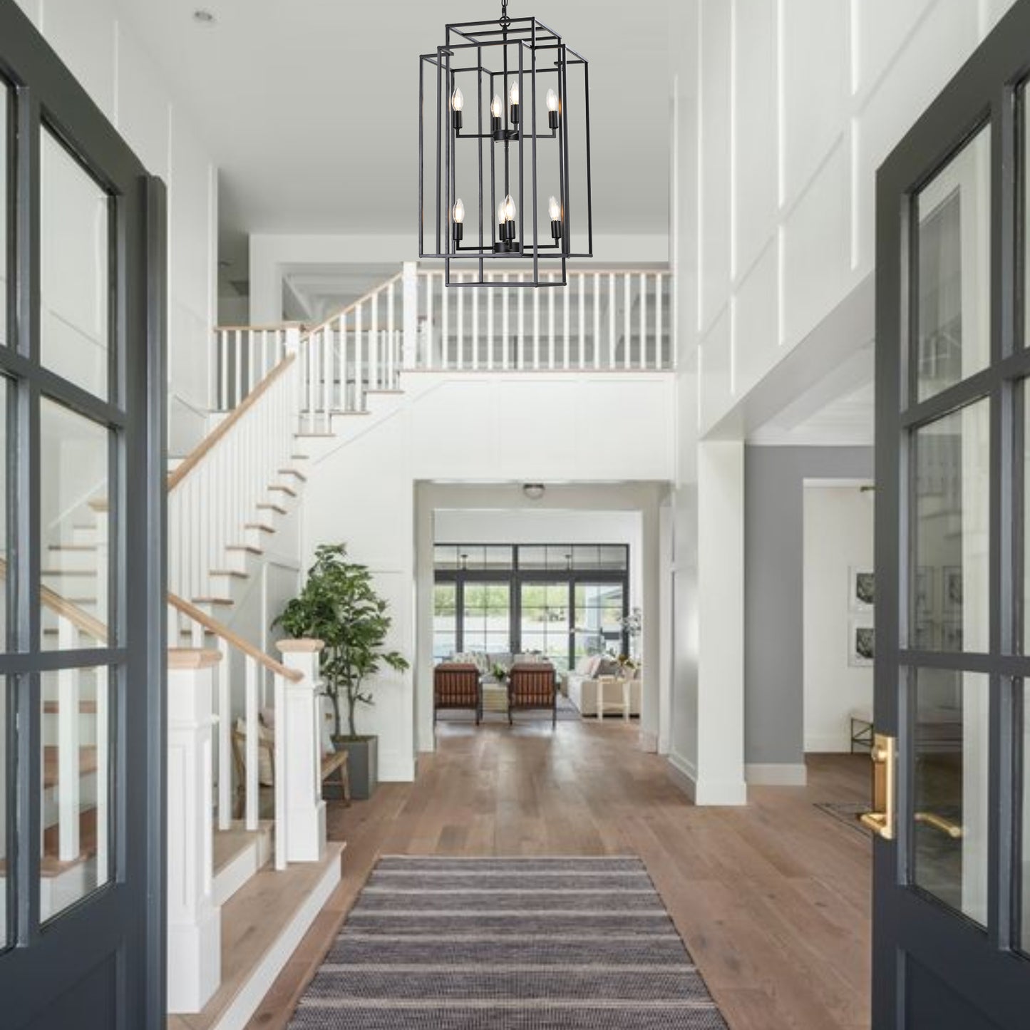 Black geometric lantern chandelier with six Edison bulbs modern foyer lighting
