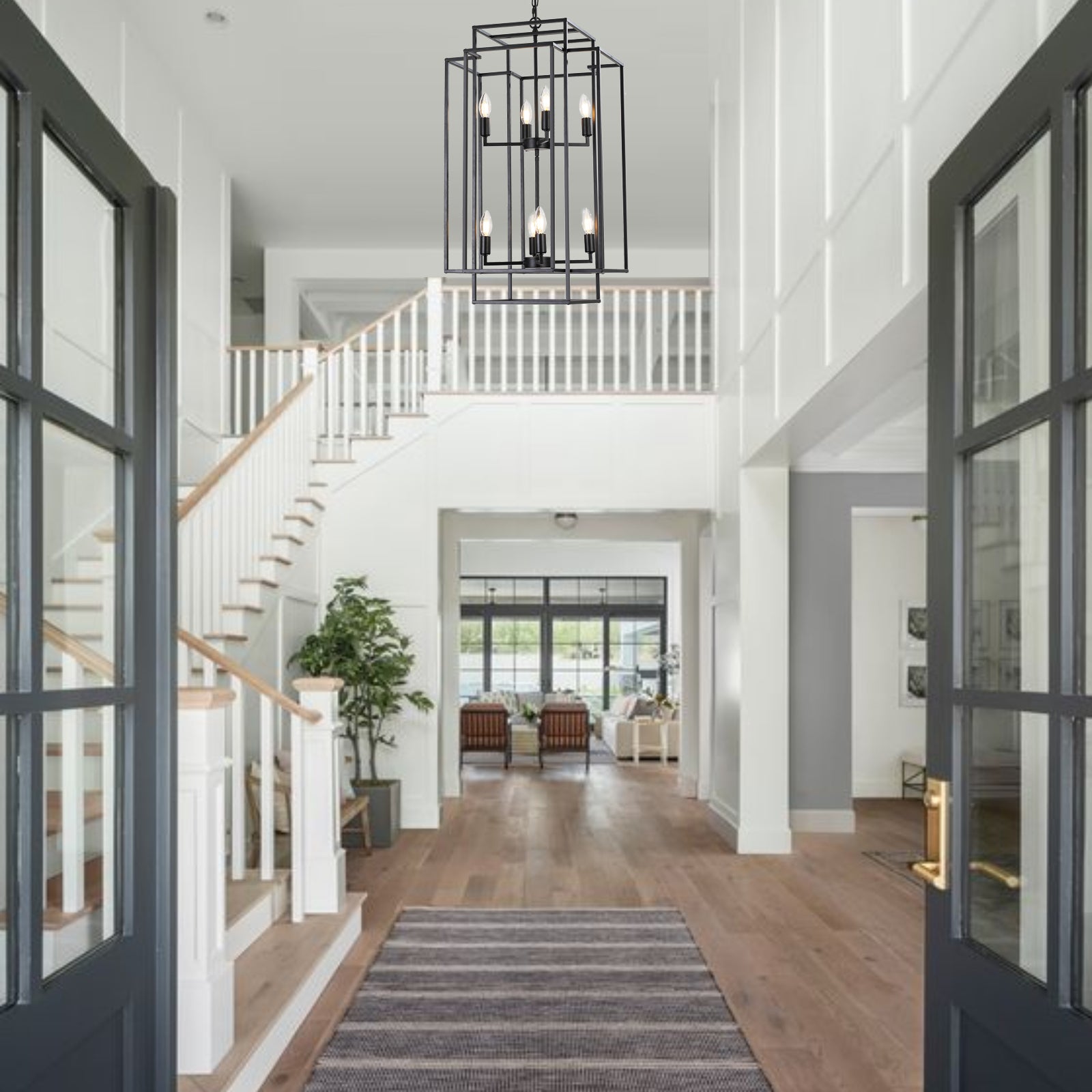 Black geometric lantern chandelier with six Edison bulbs modern foyer lighting