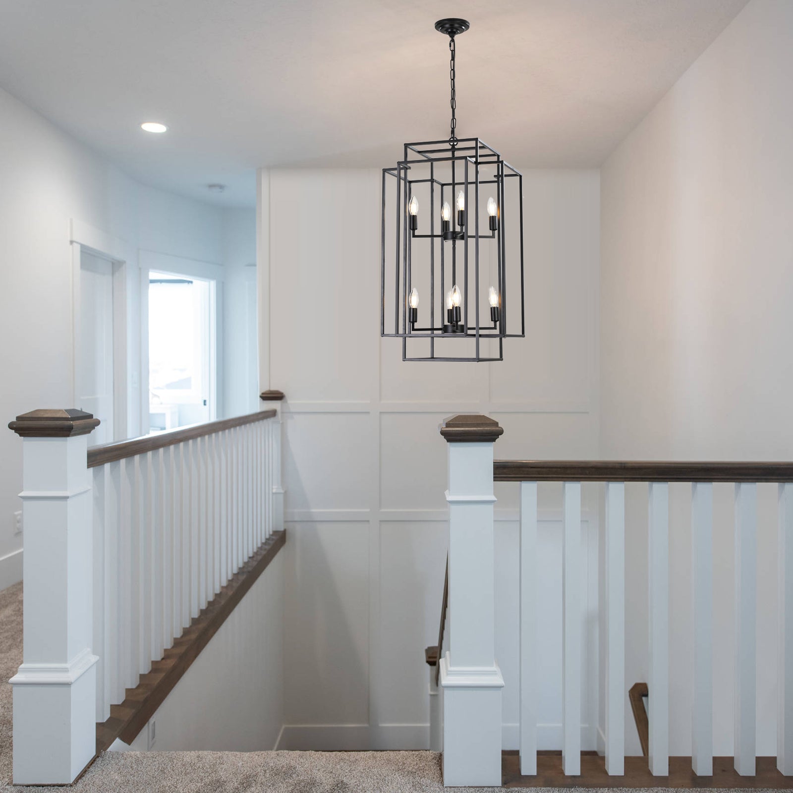 Black geometric cage chandelier with  Edison bulbs ideal for hallways