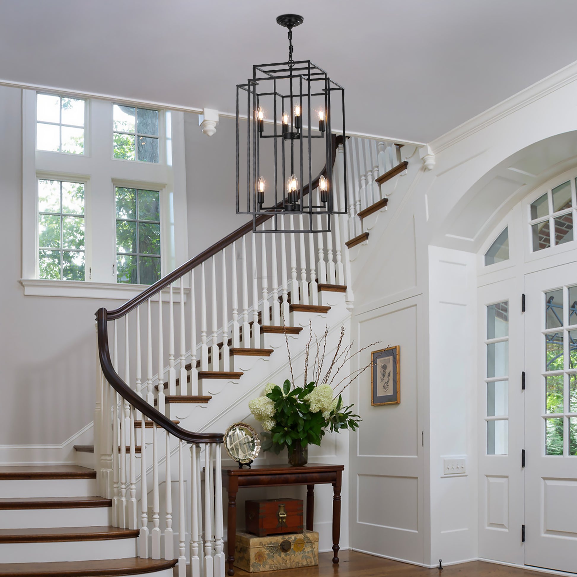 Geometric black metal chandelier with  bulbs for modern entryway