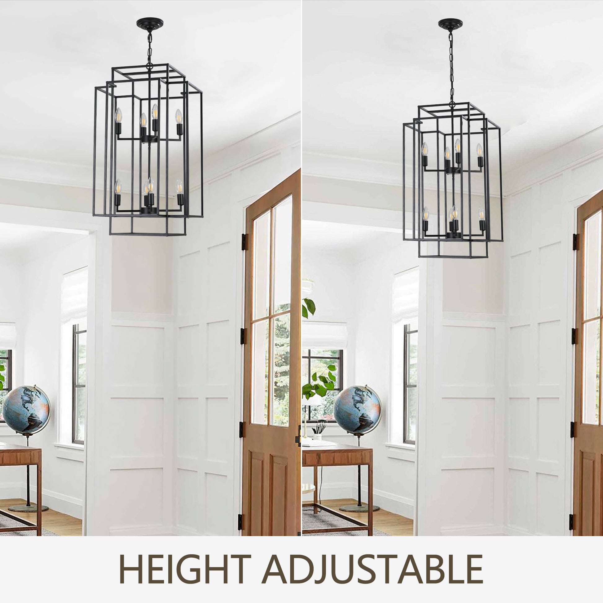 Black geometric foyer chandelier with clear Edison bulbs light modern design
