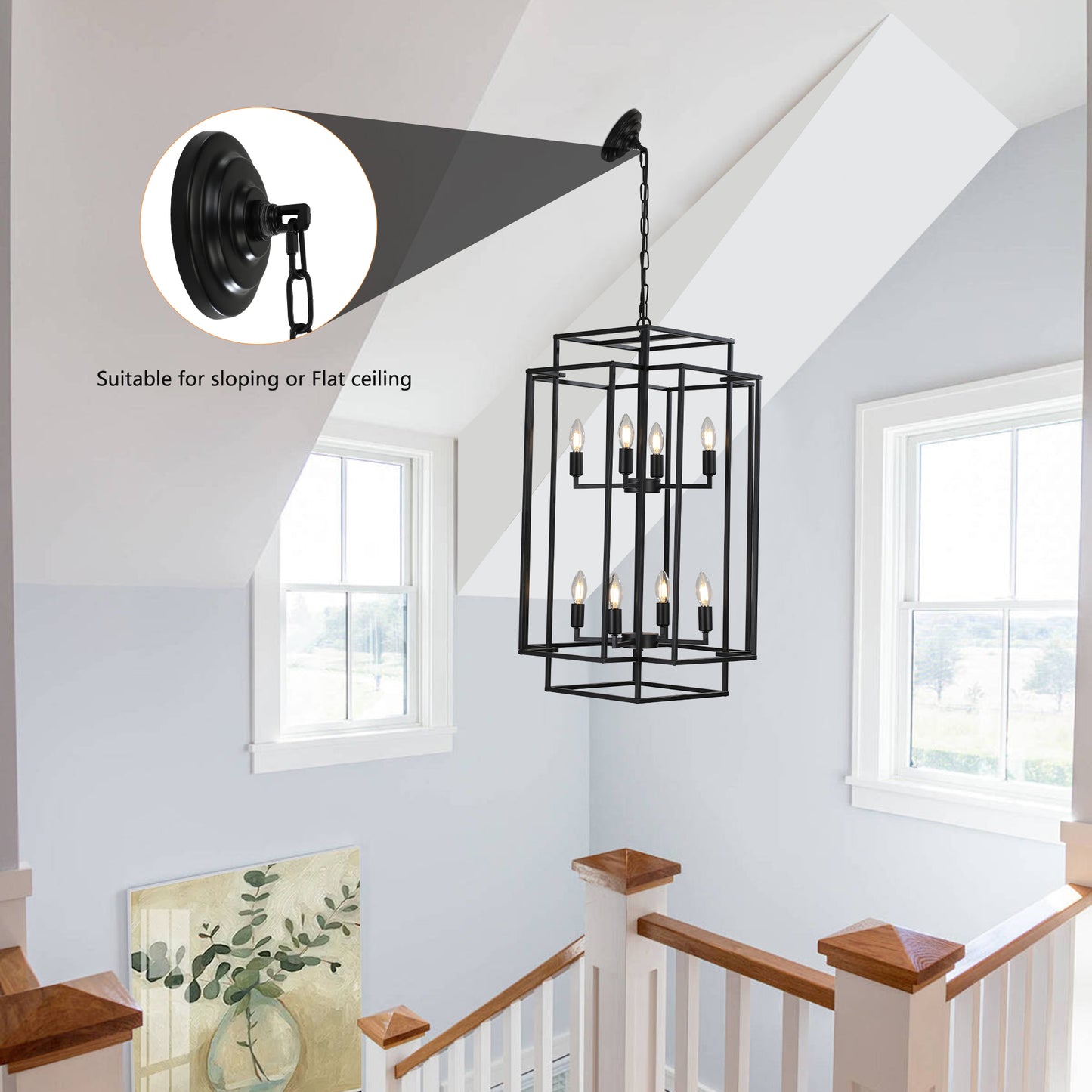 Black geometric chandelier with  bulbs suspended from ceiling