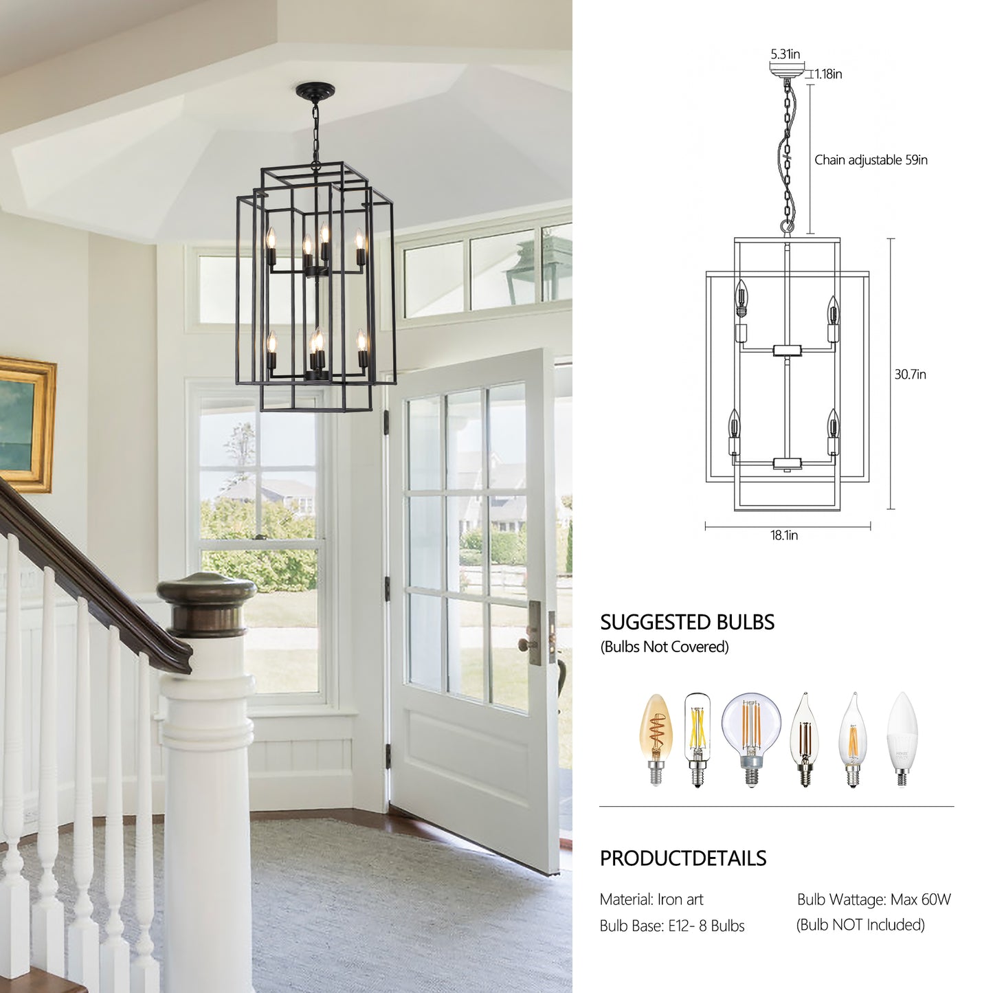 Black metal cage chandelier with  candelabra bulbs industrial foyer lighting