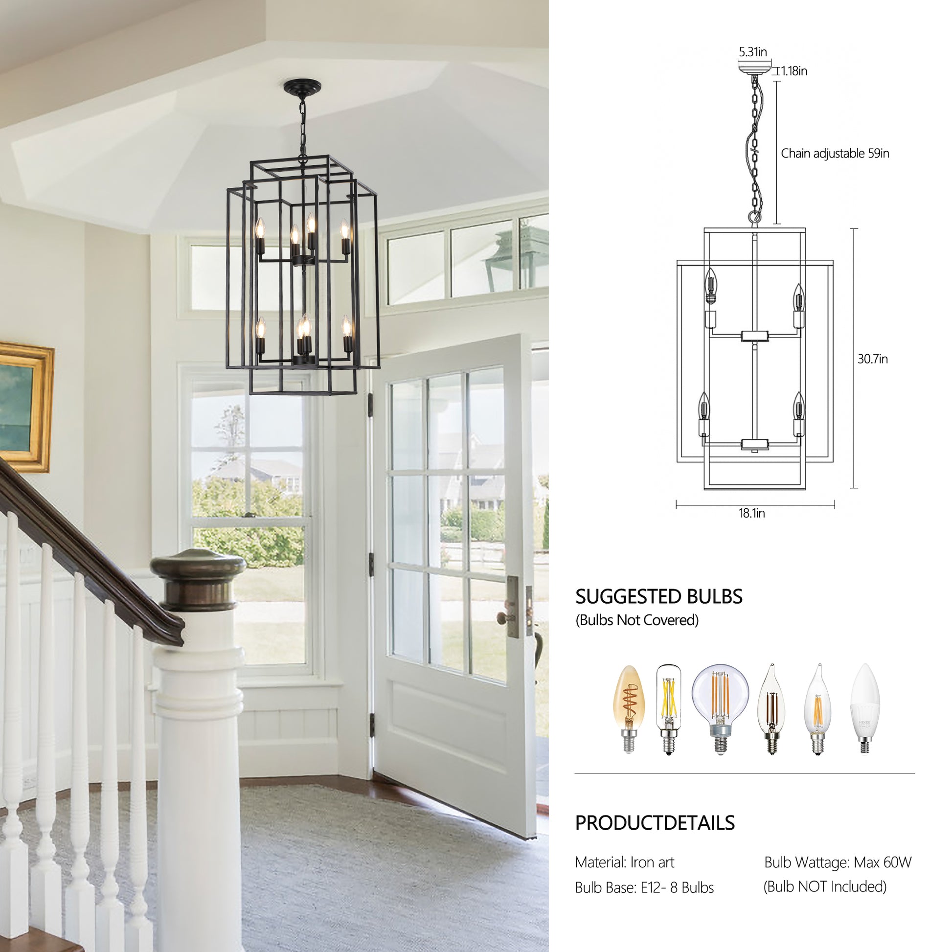 Black metal cage chandelier with  candelabra bulbs industrial foyer lighting