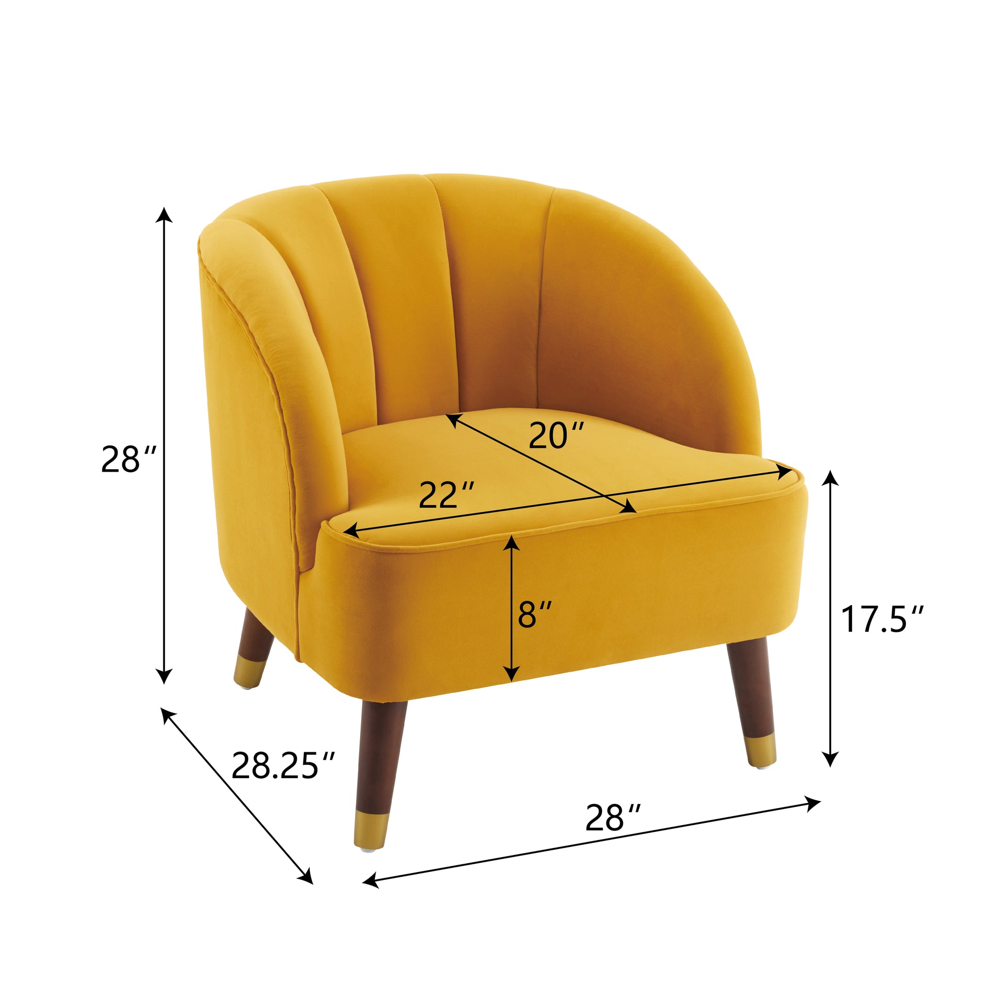 Mustard yellow velvet accent chair with fluted back and tapered wooden legs