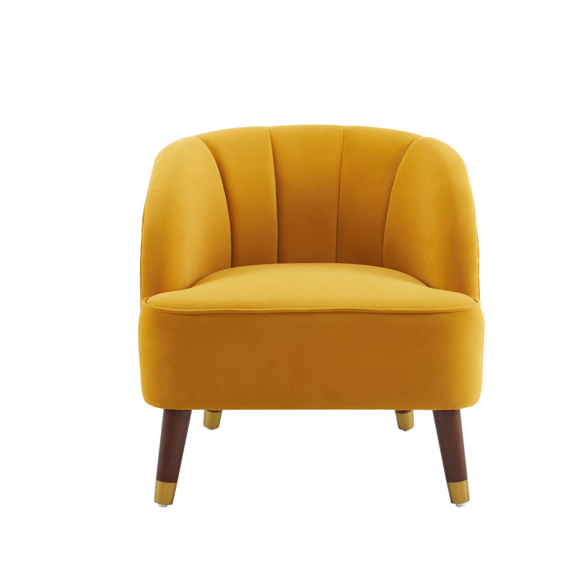 Mustard yellow velvet armchair with channel tufting and goldtipped wooden legs for modern living rooms
