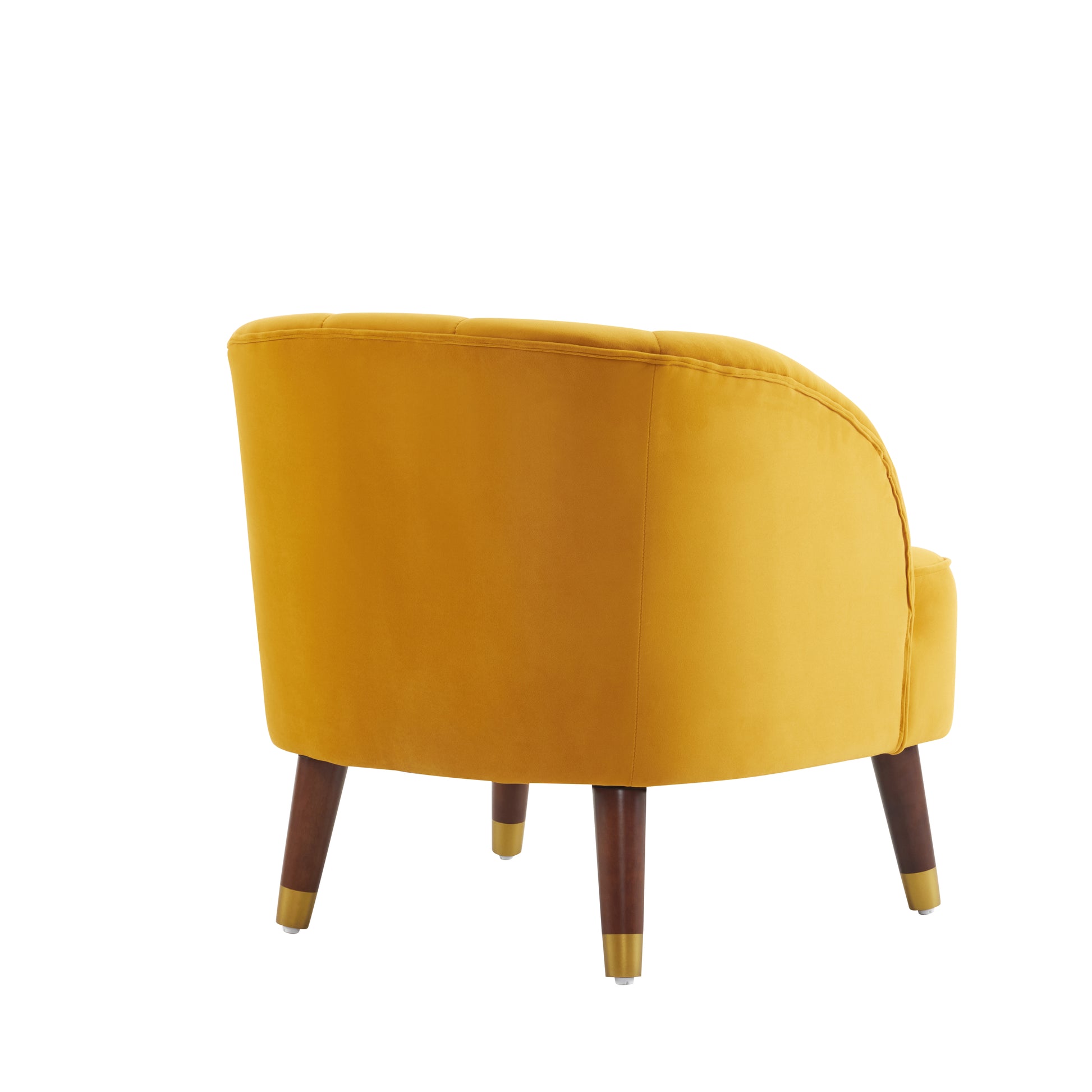 Mustard yellow velvet accent chair with tufted back and dark wood legs with gold ferrules