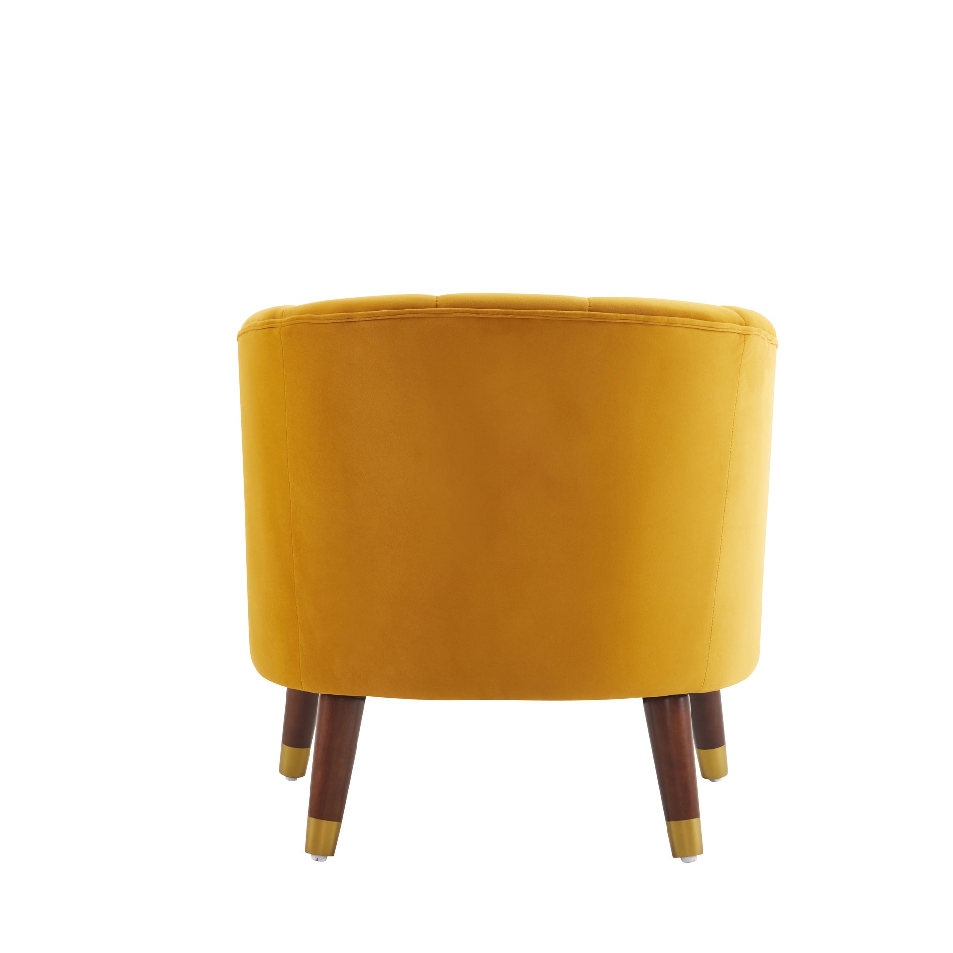 Back view of a mustard yellow velvet accent chair with tufted detailing and tapered wooden legs