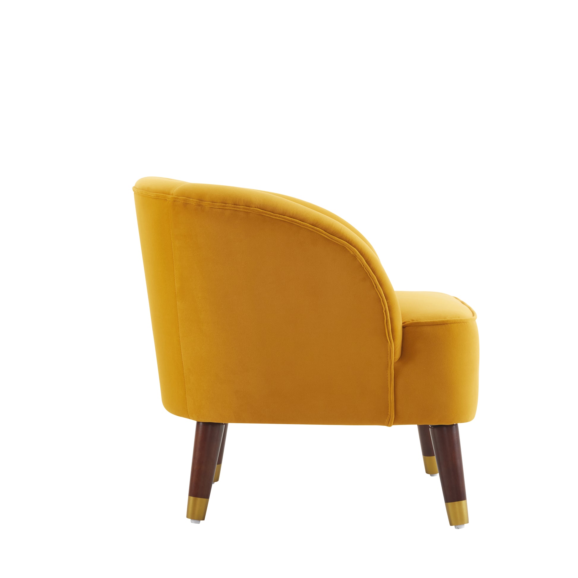 Yellow velvet accent chair with curved back and tapered wooden legs
