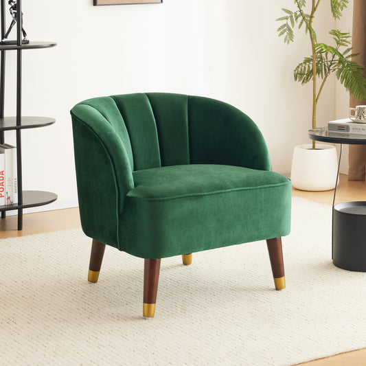 Green velvet accent chair with channel tufting and goldtipped wooden legs
