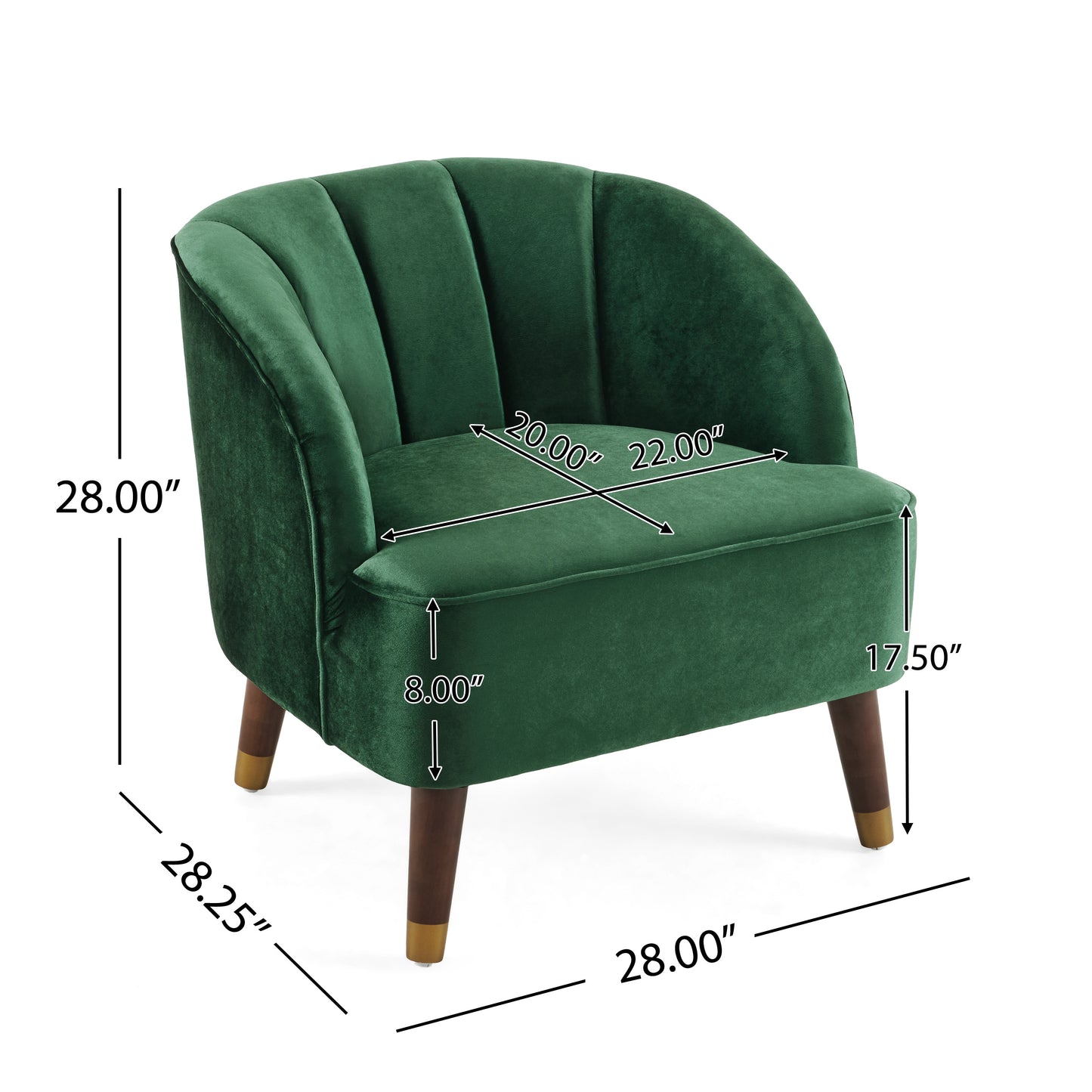 Deep emerald green velvet accent chair with plush channel tufting and goldtipped wooden legs