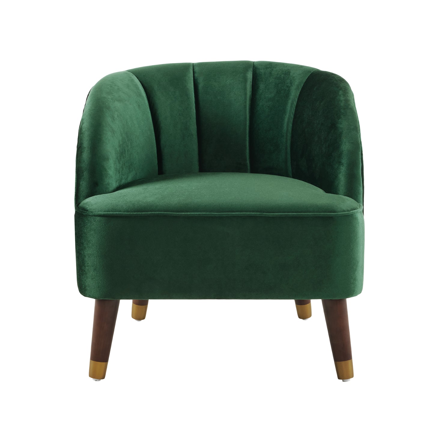 Emerald green velvet accent chair with plush channel tufting and goldcapped wooden legs