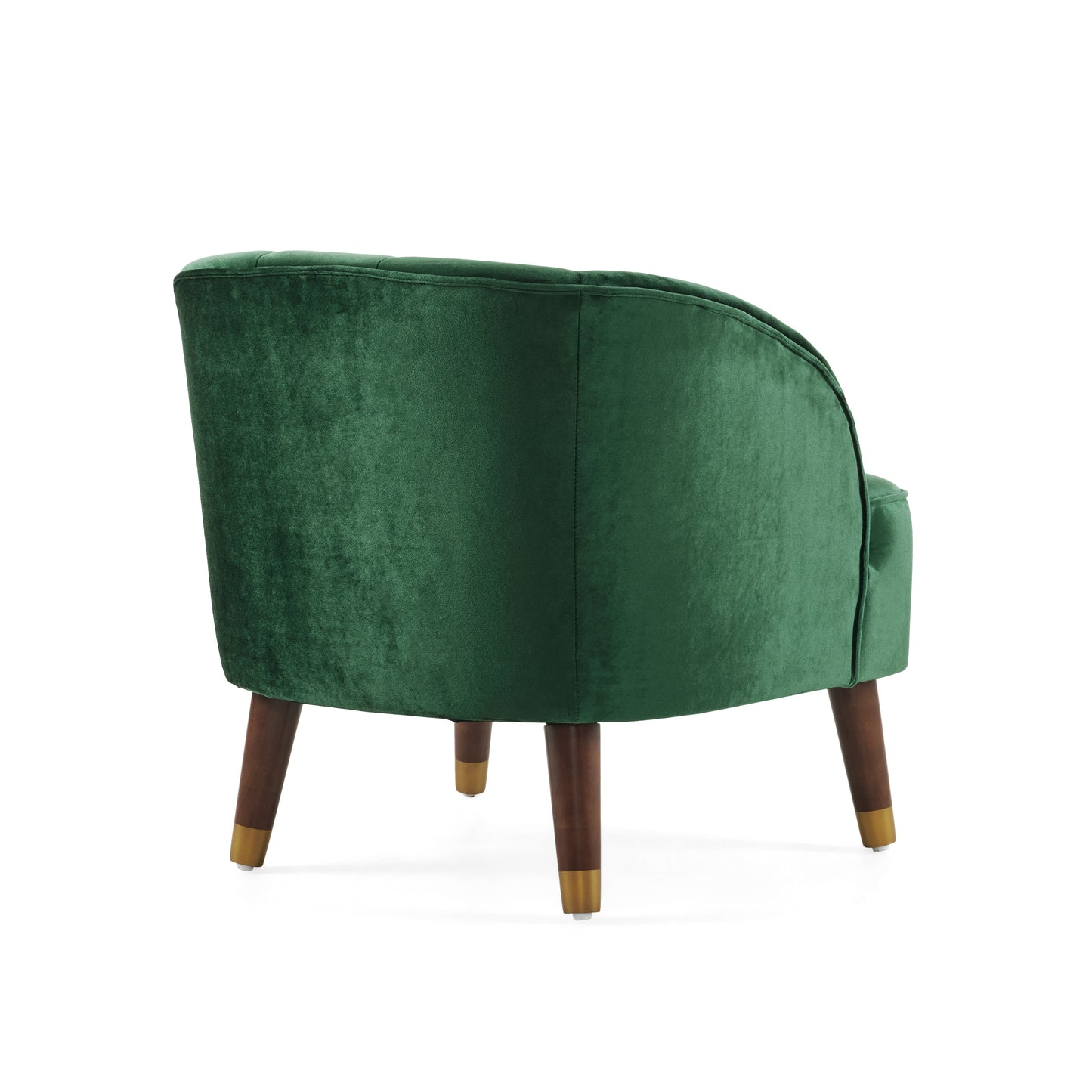 Deep emerald green velvet accent chair with tufted back and wooden legs