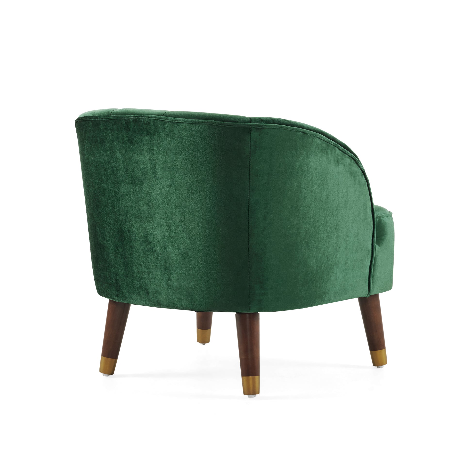 Deep emerald green velvet accent chair with tufted back and wooden legs