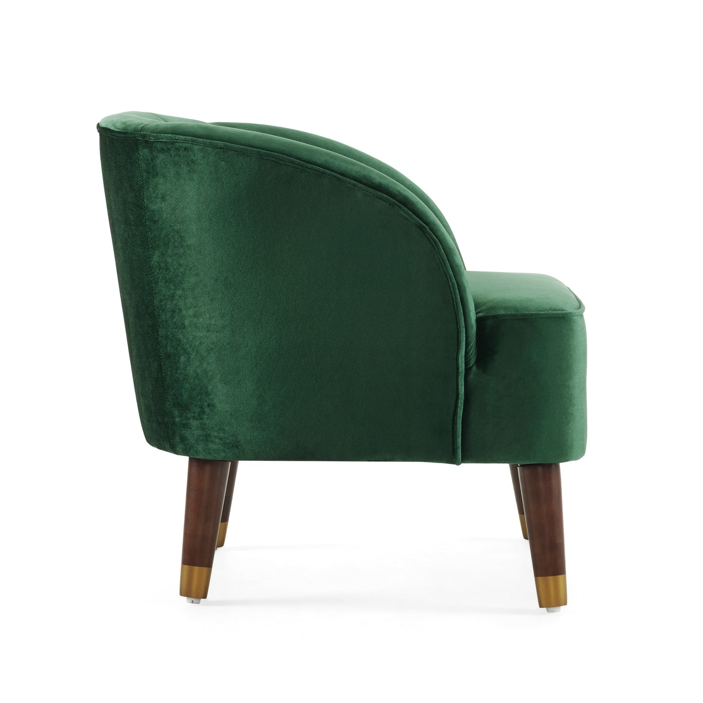 Emerald green velvet accent chair with curved back and goldtipped wooden legs