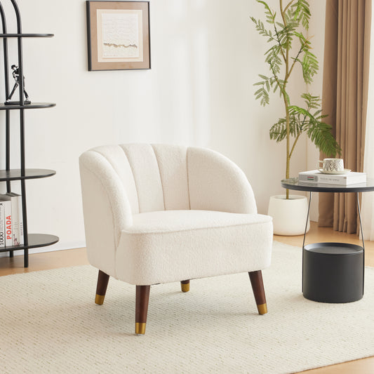 Cream textured accent chair with curved back and wooden legs