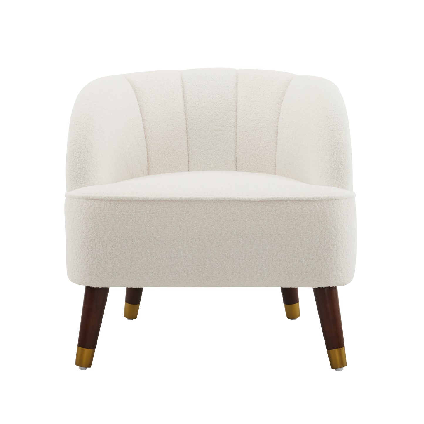 Plush cream boucle accent chair with channel tufting and dark wood legs with gold accents