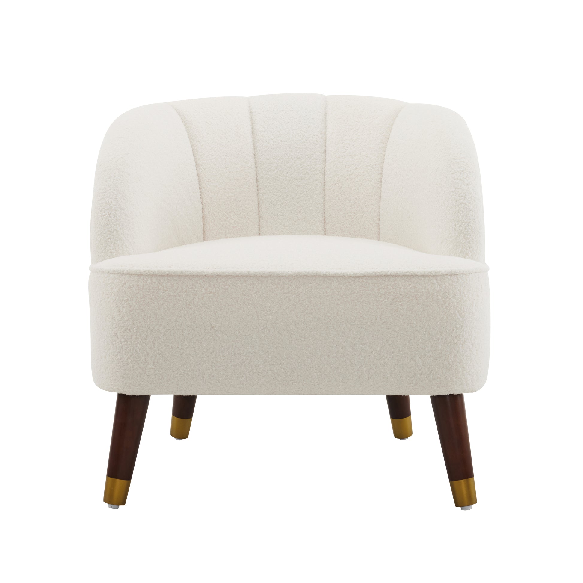 Plush cream boucle accent chair with channel tufting and dark wood legs with gold accents