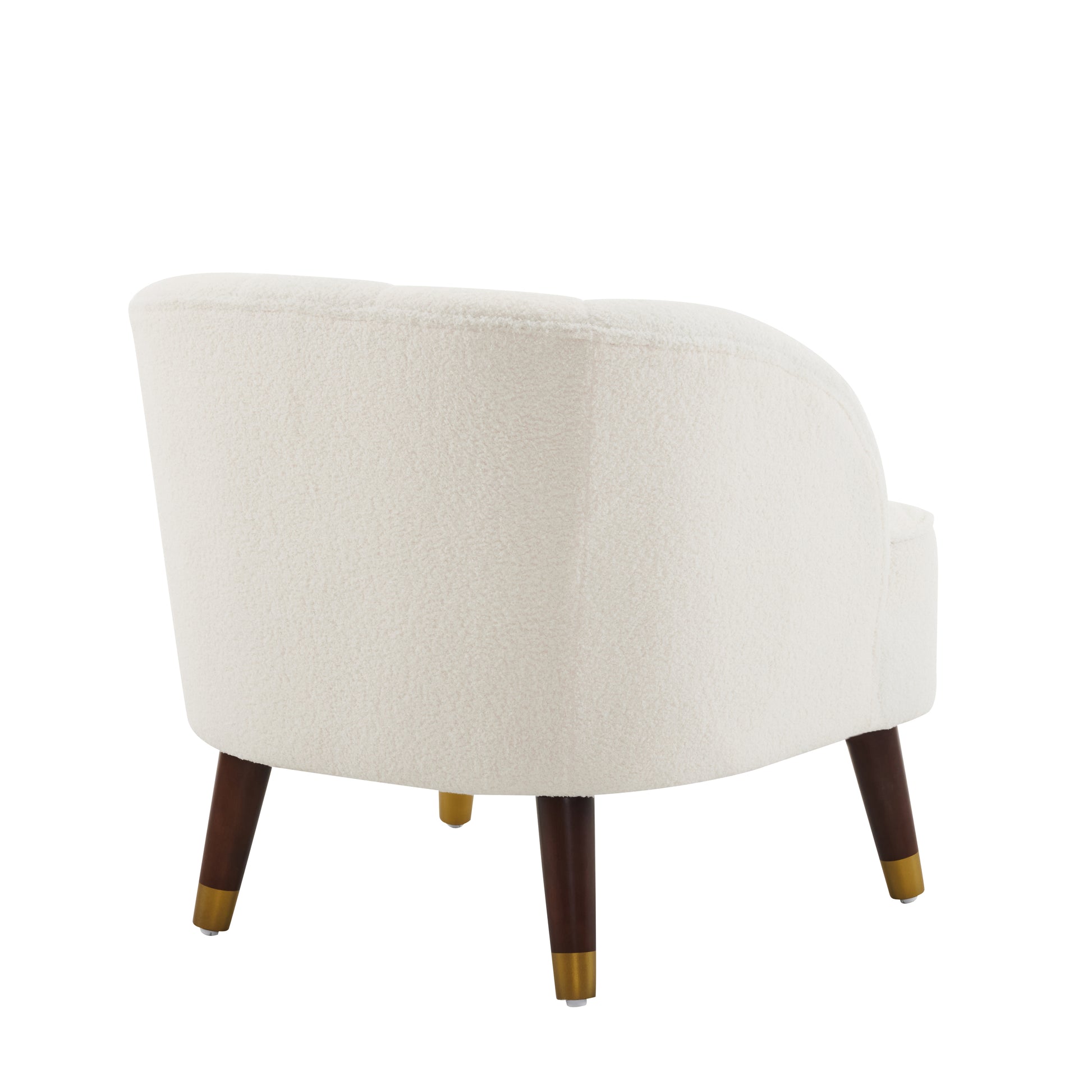 Cream boucle accent chair with curved back and dark wood legs with gold accents