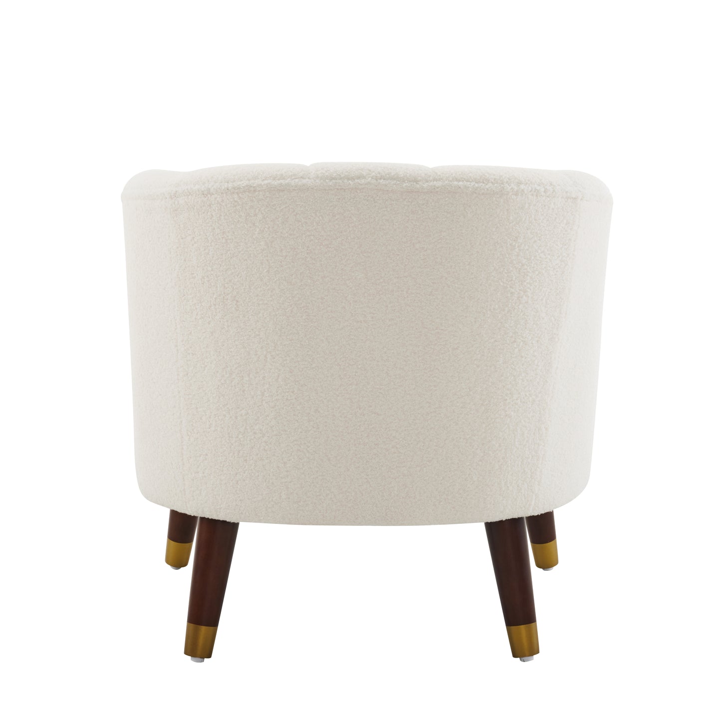 Cream teddy fabric accent chair with tapered wood legs and gold accents back view