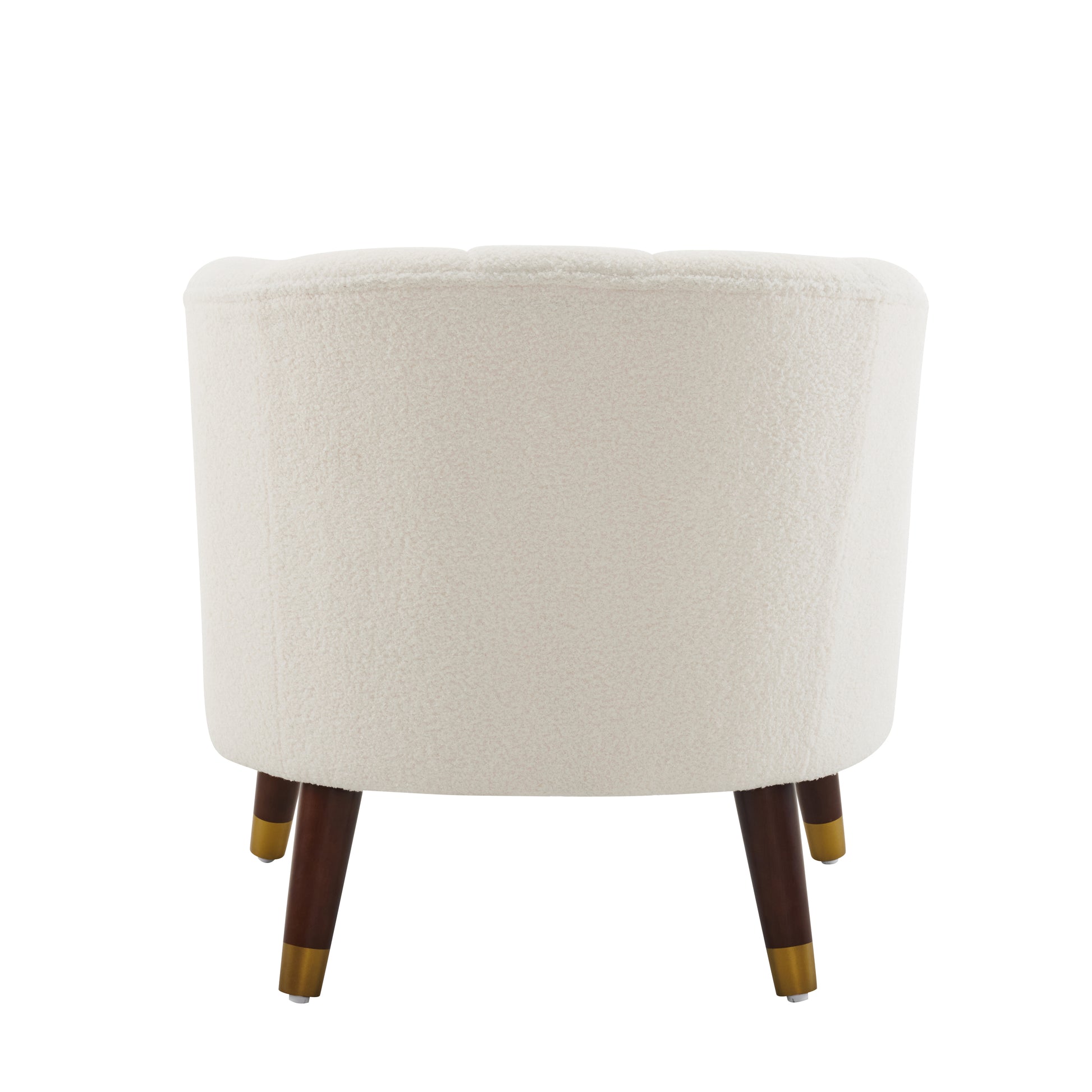 Cream teddy fabric accent chair with tapered wood legs and gold accents back view