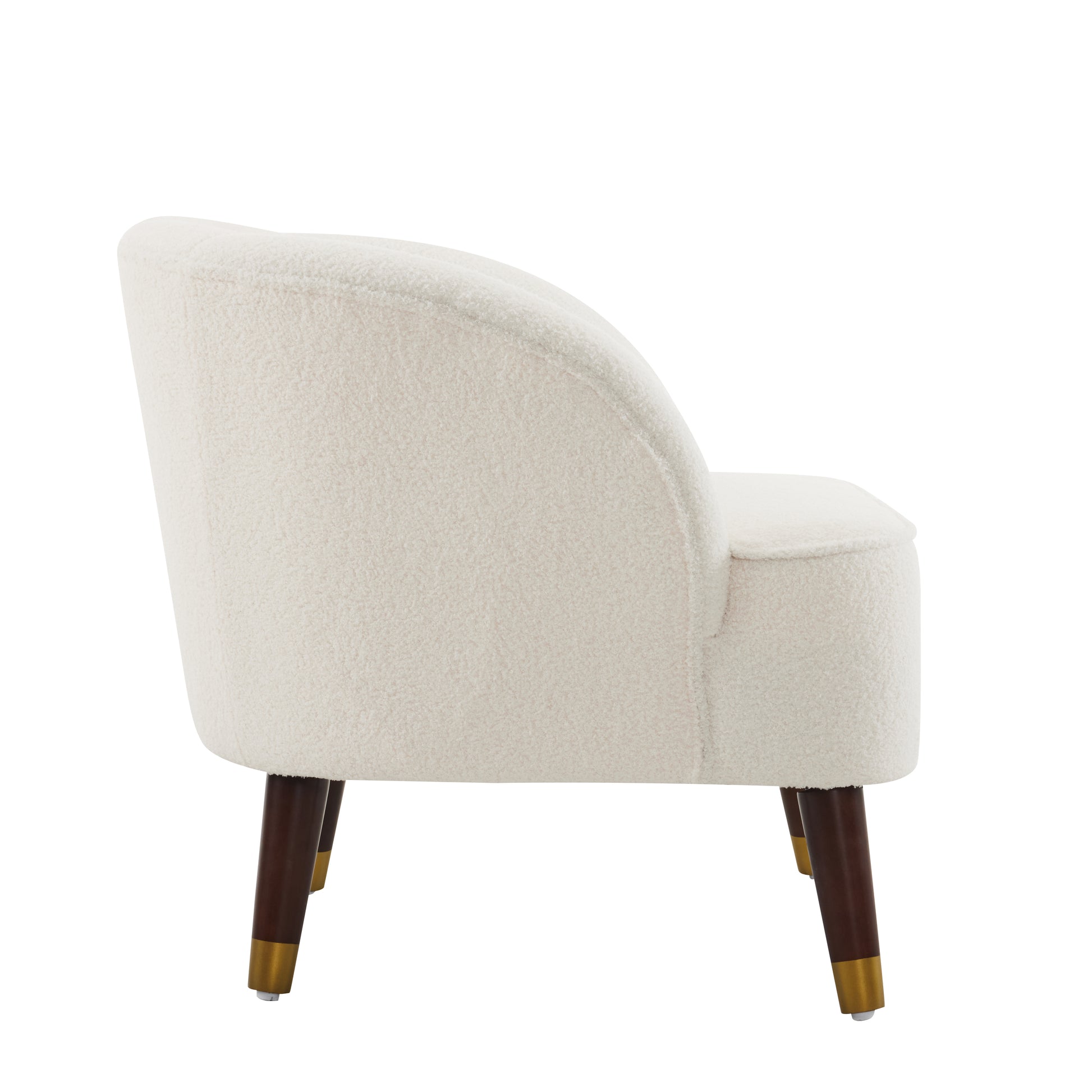 Cream boucle accent chair with curved back and wooden legs with gold caps