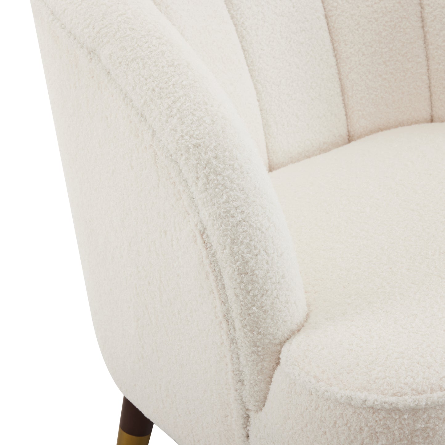 Cream boucle accent chair with channel tufting and dark wood legs