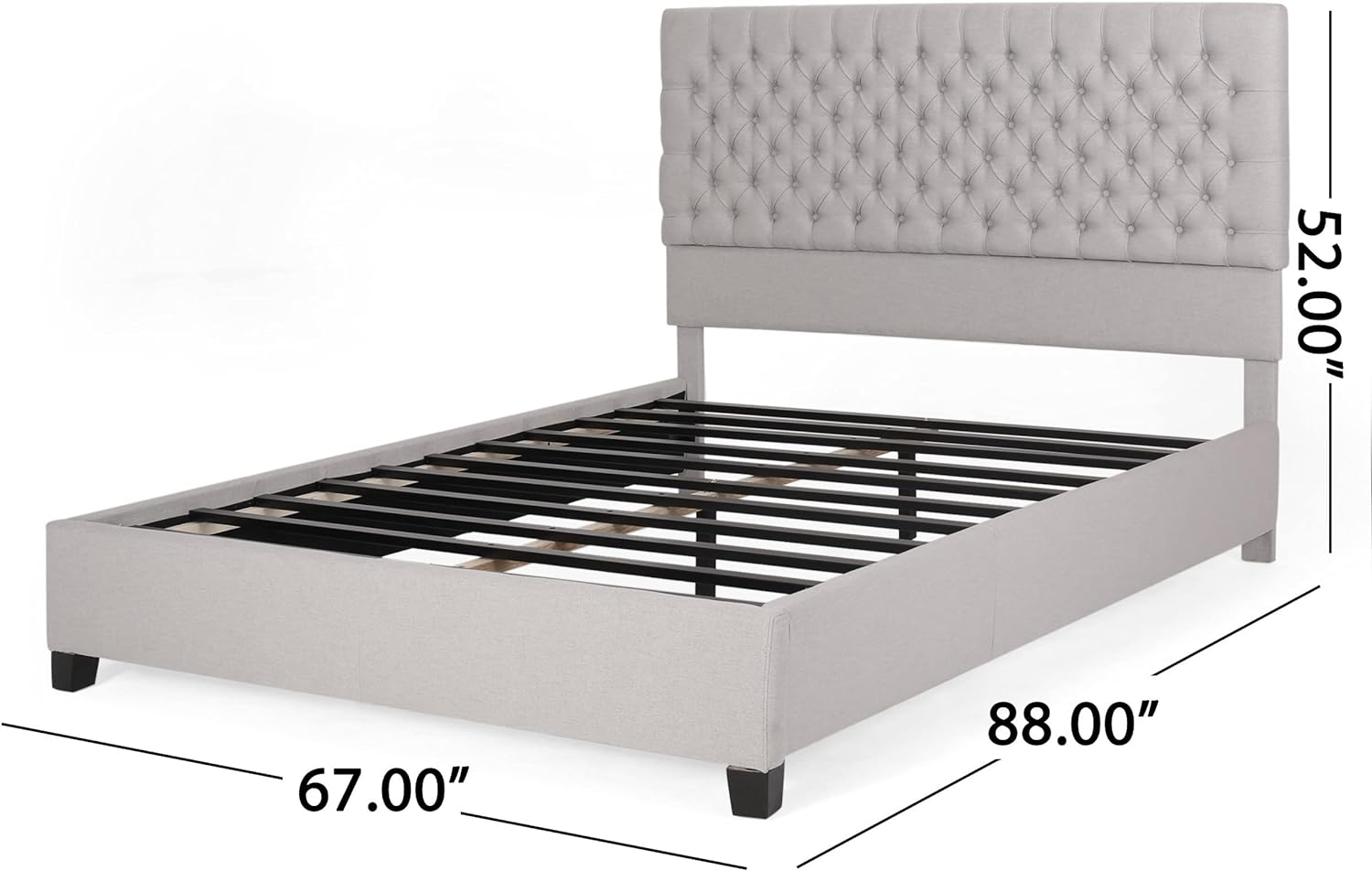 Light gray upholstered platform bed frame with tufted headboard and black legs