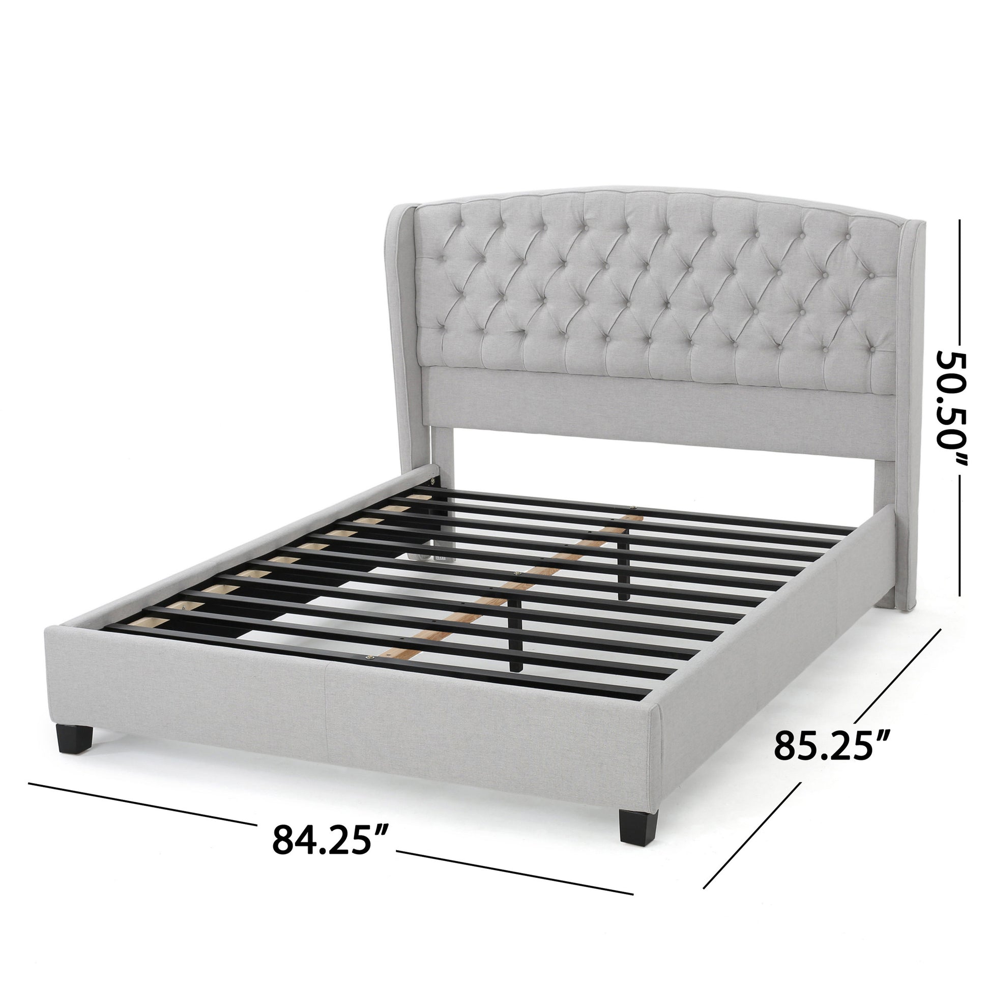 Light gray tufted wingback bed frame with wooden slats king size
