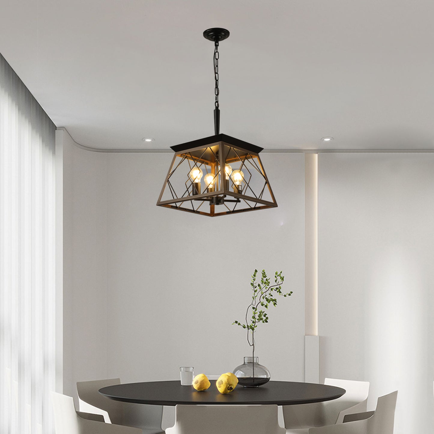 Geometric pendant light with rustic wood and metal frame  Edison bulbs for dining room