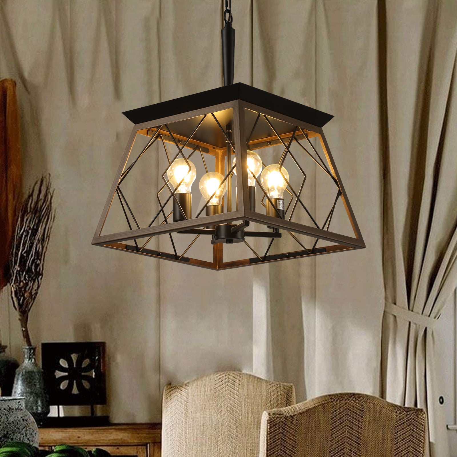 Rustic bronze cage pendant light with diamond pattern and four Edison bulbs