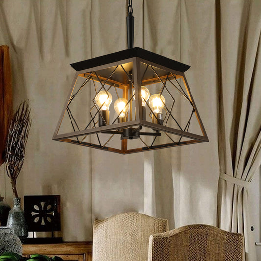 Rustic bronze cage pendant light with diamond pattern and four Edison bulbs