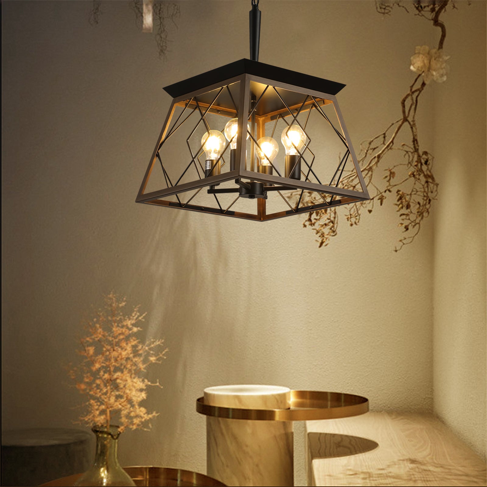 Fourlight industrial pendant light with geometric metal frame in antique bronze finish