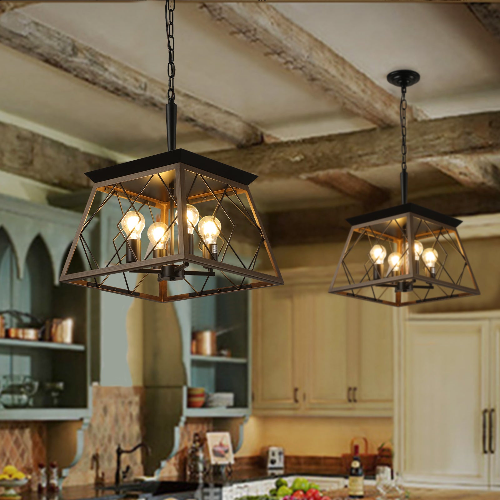 Farmhouse pendant light with black and wood finish and clear Edison bulbs hanging in a kitchen