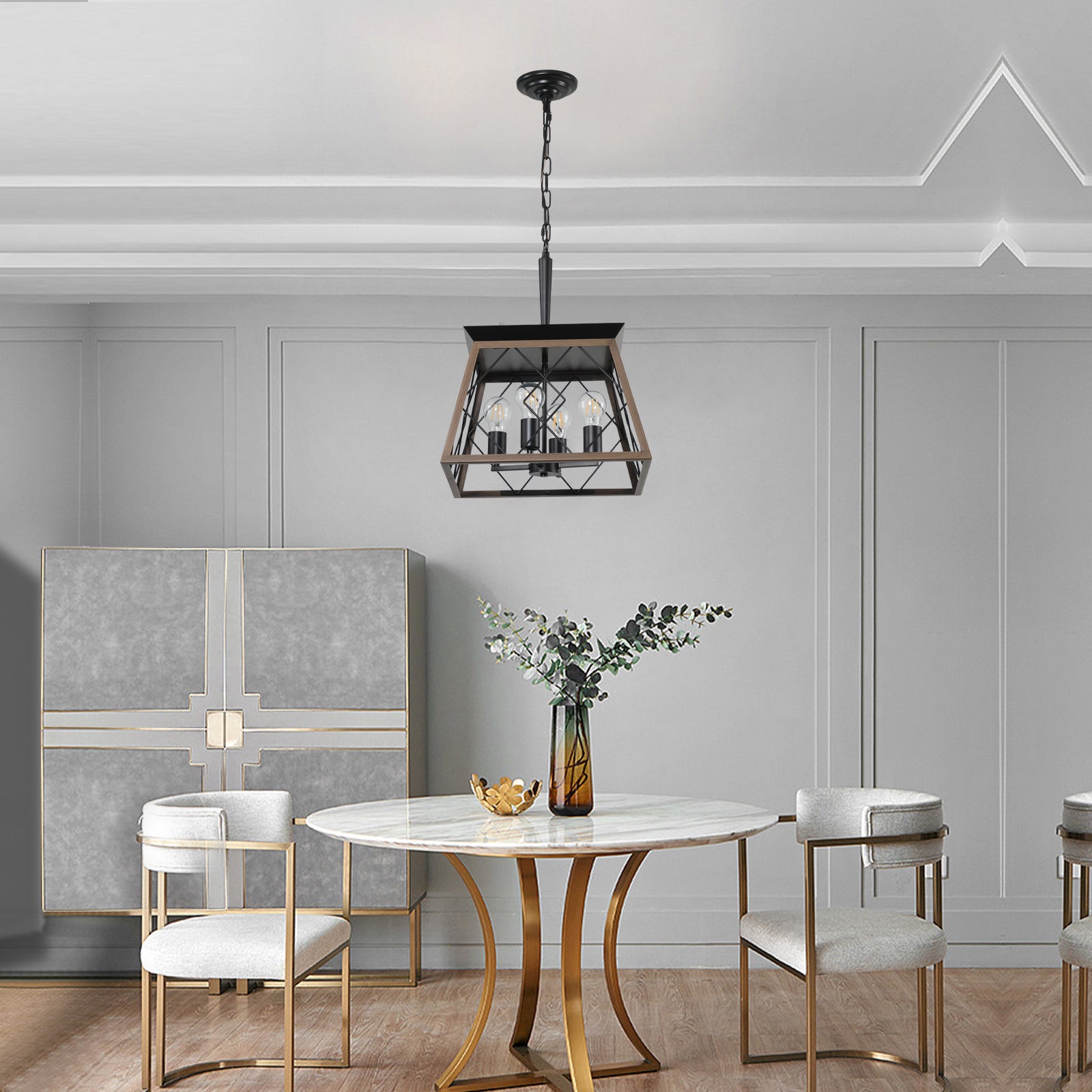 Geometric pendant light with wooden frame and black metal accents perfect for dining rooms