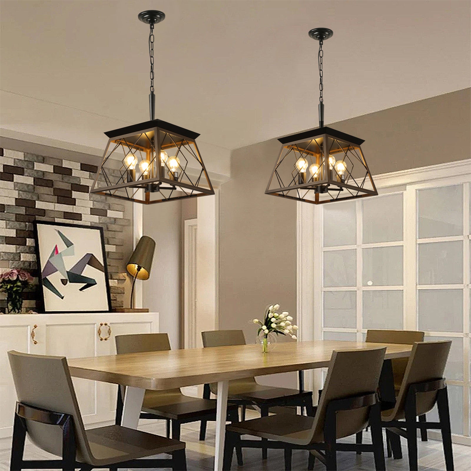 Rustic black metal geometric chandelier with four Edison bulbs