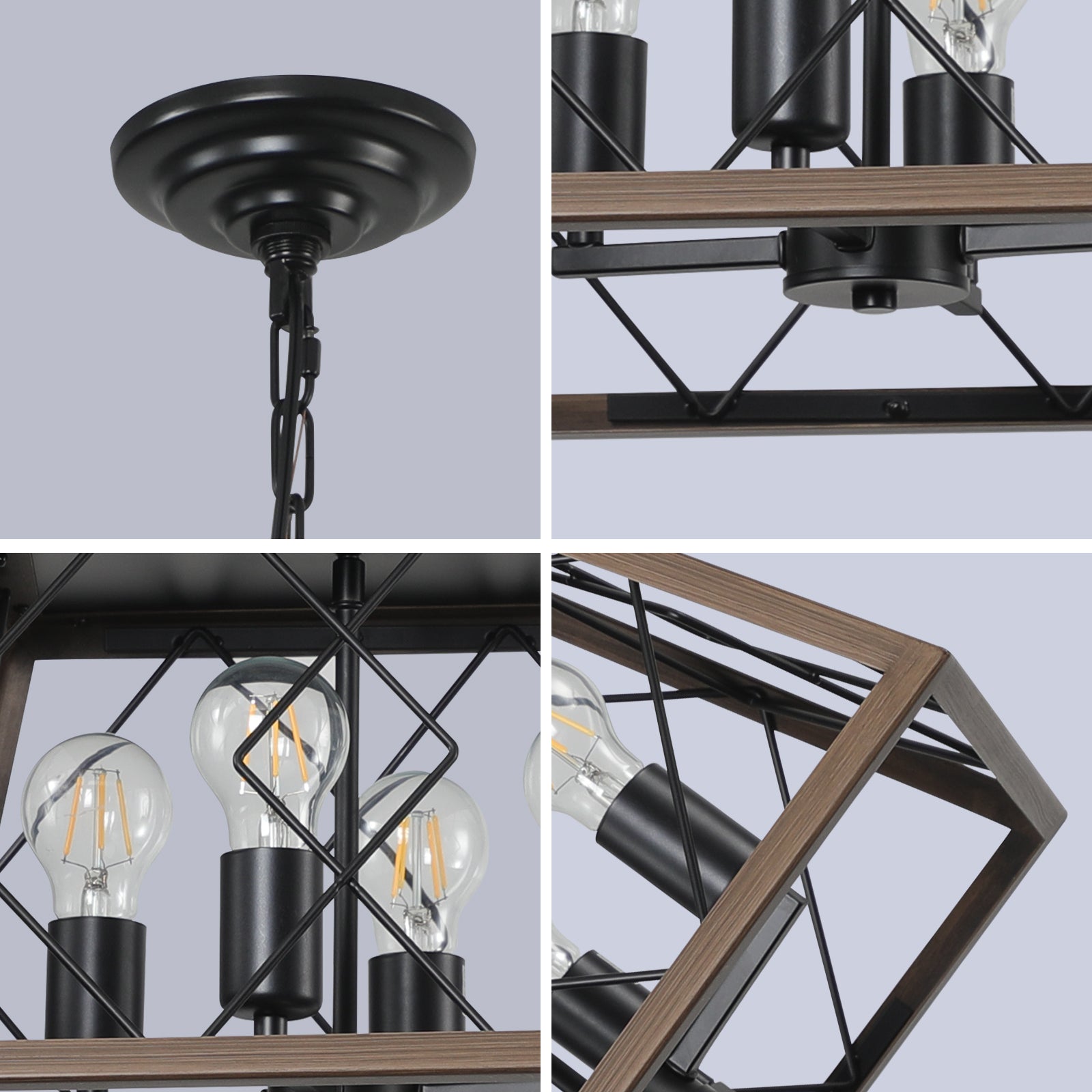Farmhouse pendant light with black metal accents and wood finish frame