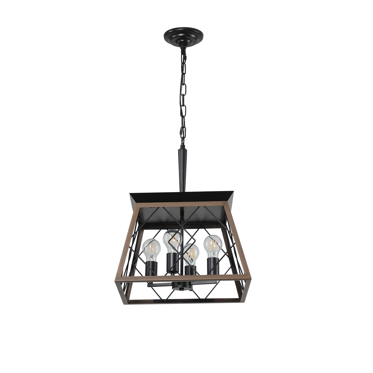 Farmhouse geometric pendant light with wood and black metal frame four bulbs
