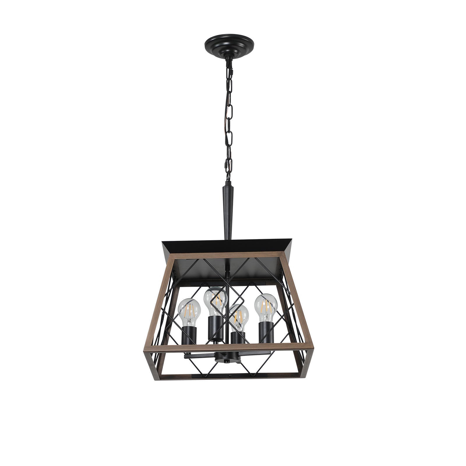 Farmhouse geometric pendant light with wood and black metal frame four bulbs
