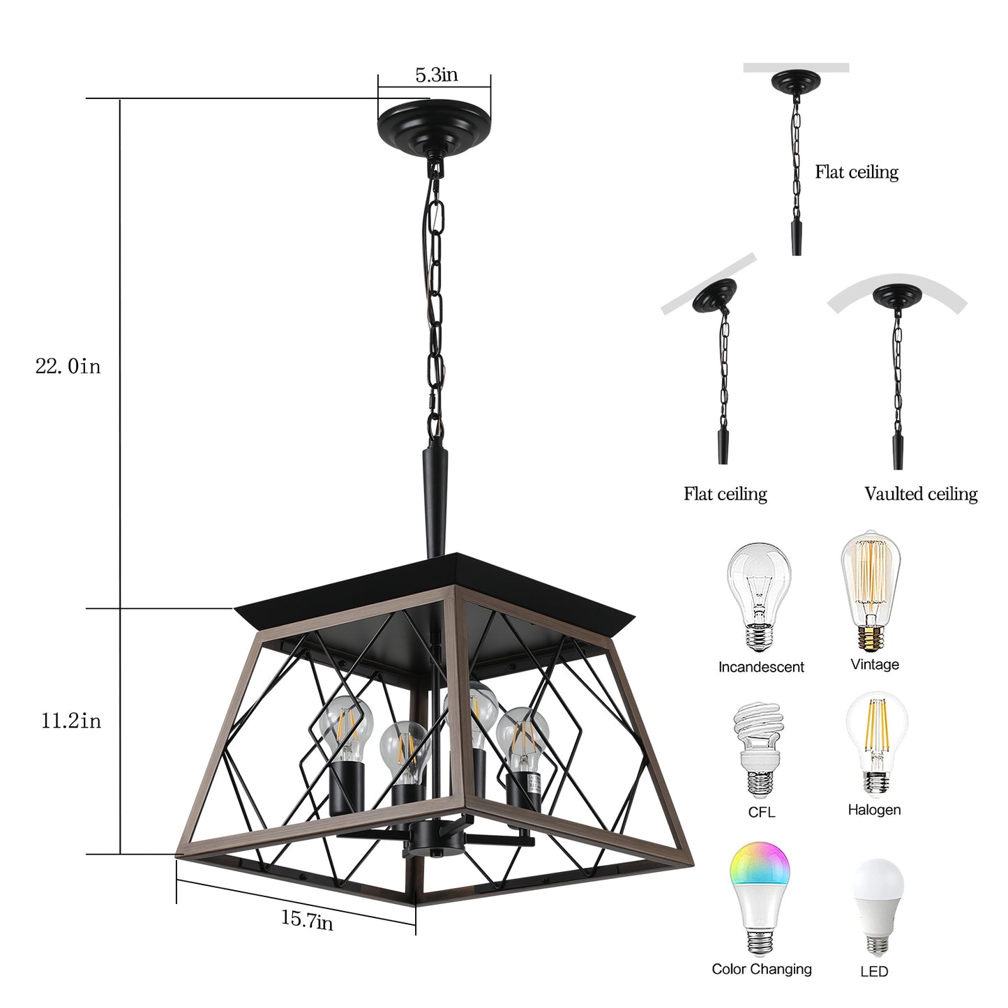 Rustic farmhouse pendant light with black metal frame and wood accents  bulbs