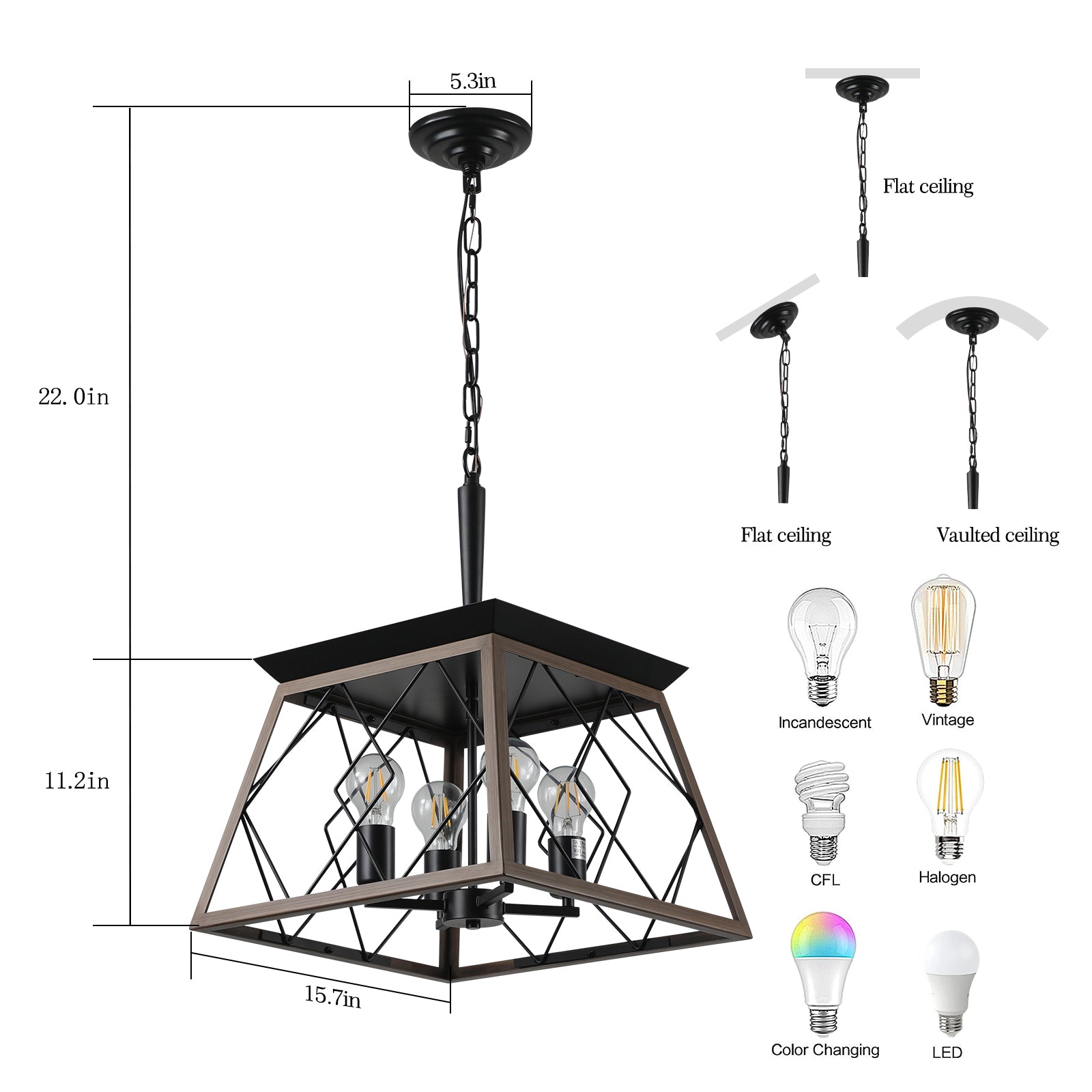 Rustic farmhouse pendant light with black metal frame and wood accents  bulbs