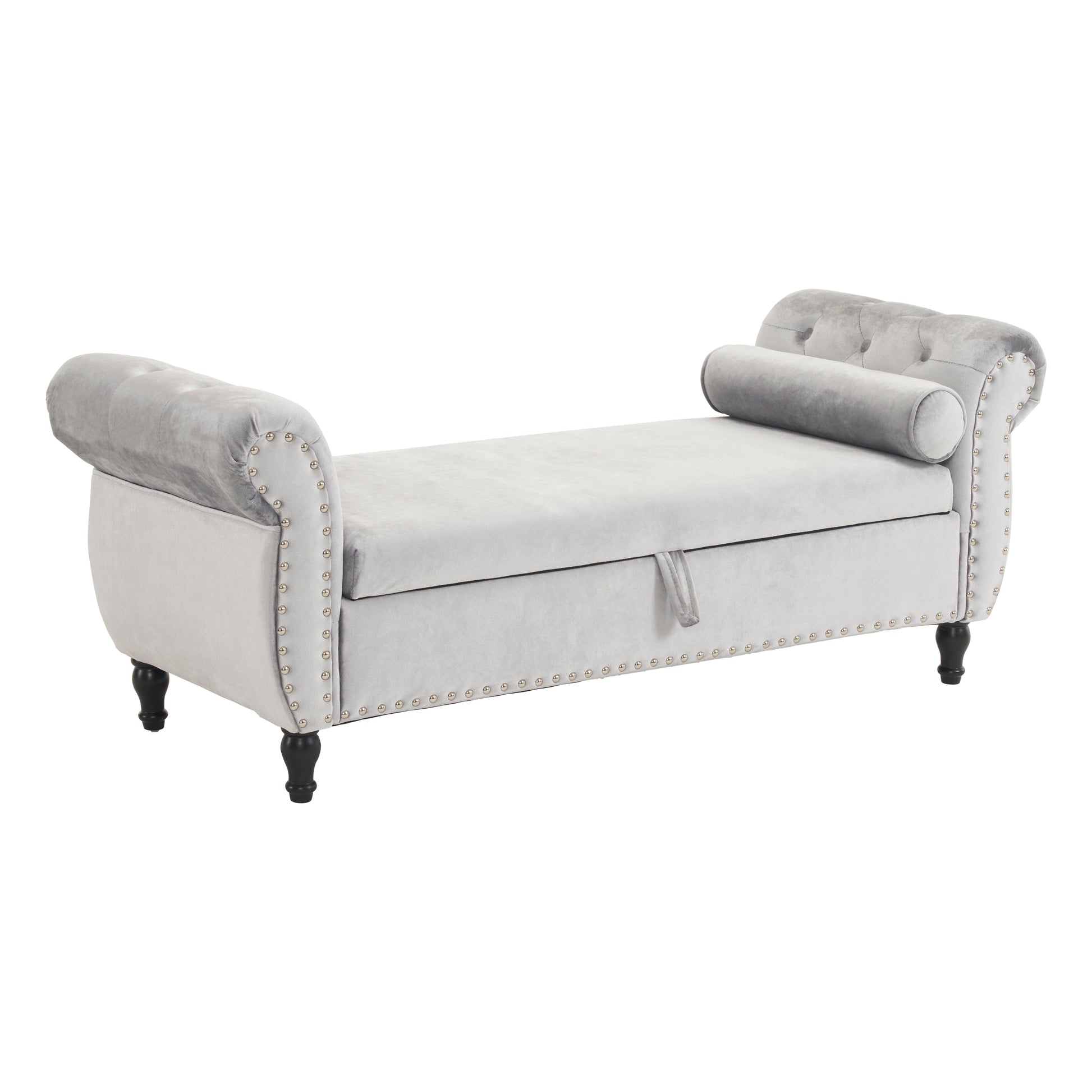 Grey velvet storage bench with button tufting and silver nailhead trim